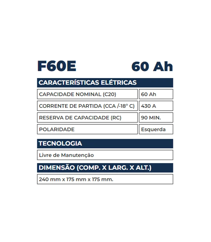 Bateria Kondor 60Ah - F60E-