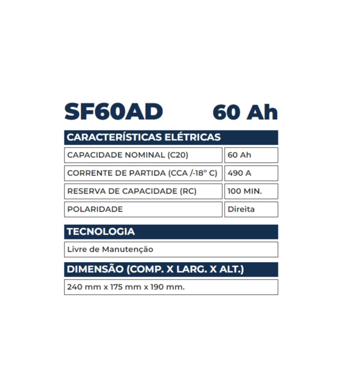 Bateria Kondor 60Ah - SF60AD - Imagem 2