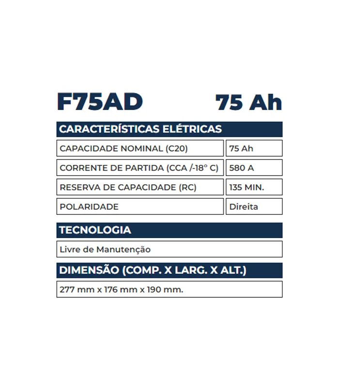 Bateria Kondor 75Ah - F75AD - Imagem 2