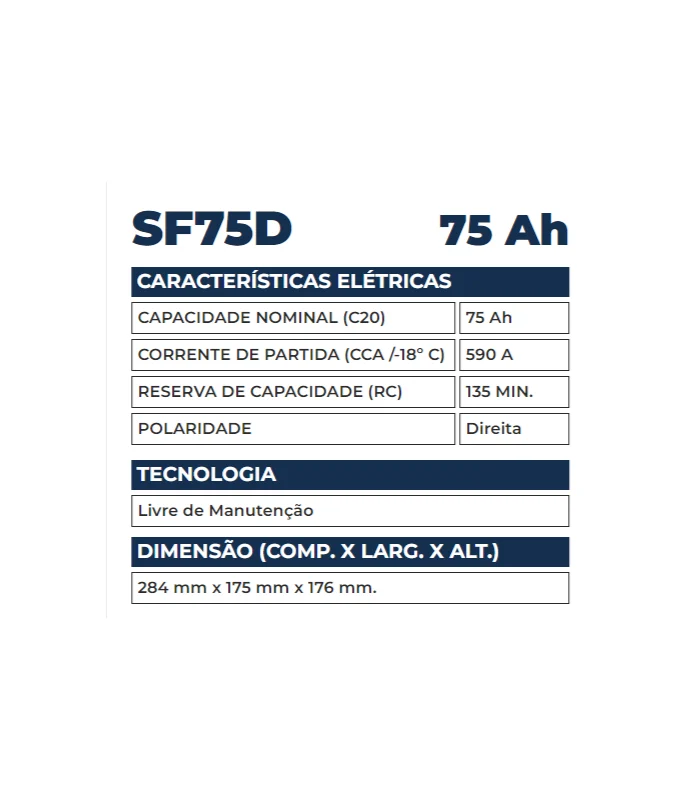 Bateria Kondor 75Ah - SF75D - Imagem 2